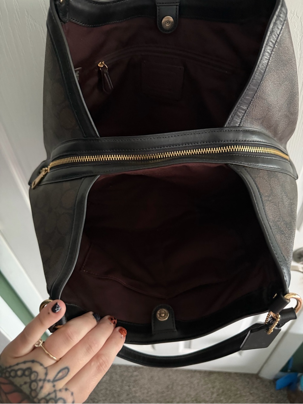 Coach Dark Brown Signature Canvas Shoulder Bag with Black Trim - Picture 8 of 16